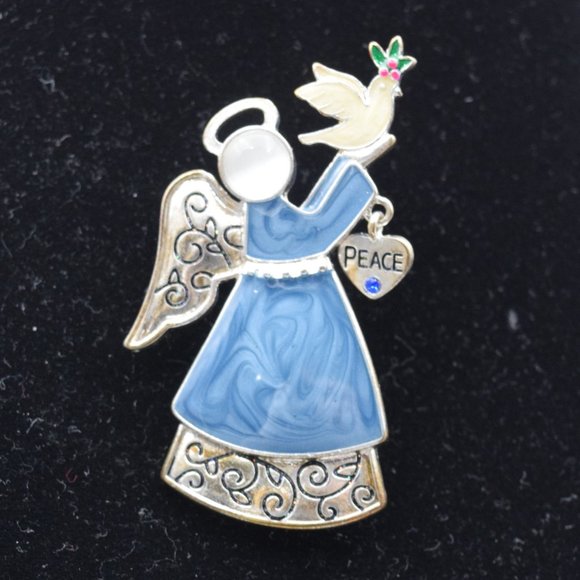 Vintage Kenneth Cole Enamel Peace Angel and Dove Pin 1980's - Picture 2 of 6